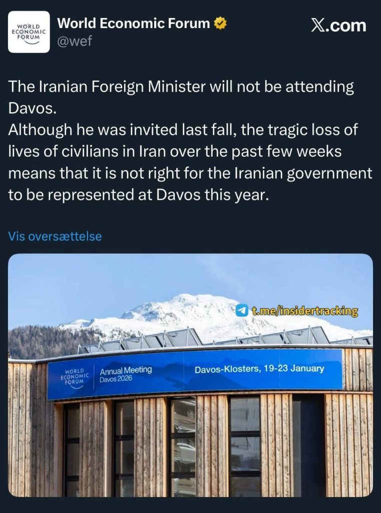 Social media announcement from the World Economic Forum regarding the Iranian Foreign Minister not attending Davos 2026.